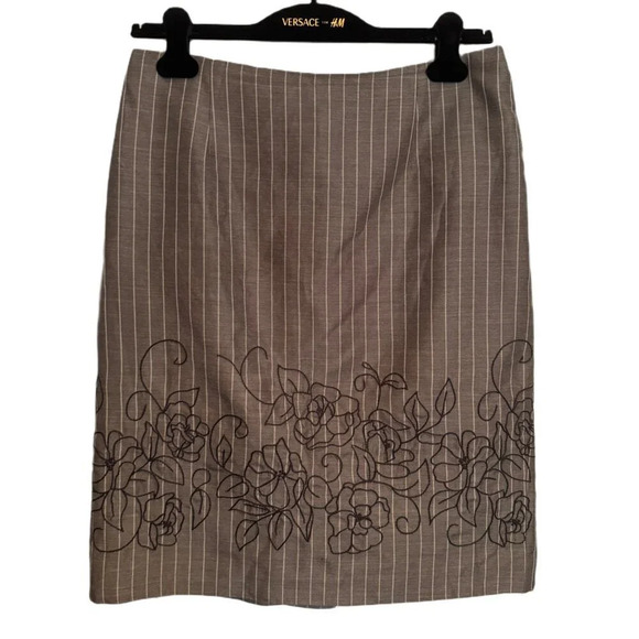 VTG Due Per Due Skirt Size 10 Gray  Silk Wool Pinstripe Embroidered Floral Y2K - Picture 1 of 12